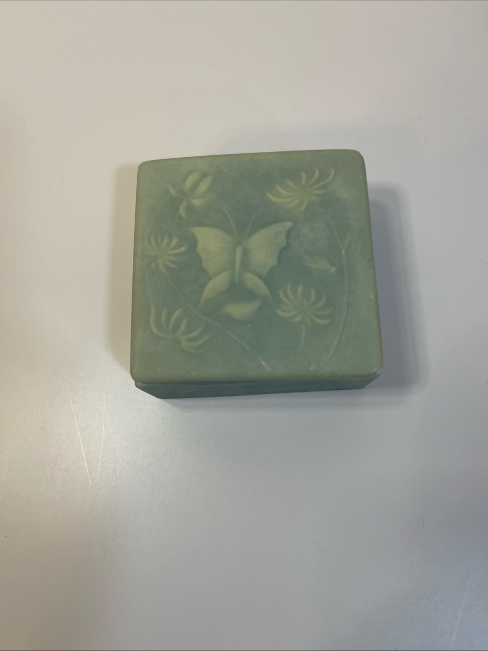 VTG Design Gifts Int Blue Trinket Box Square Butterfly & Flowers Soapstone 3.75"